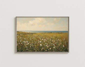 Coastal Wildflower Field Art Print: Ocean Meadow Landscape (Digital Download)
