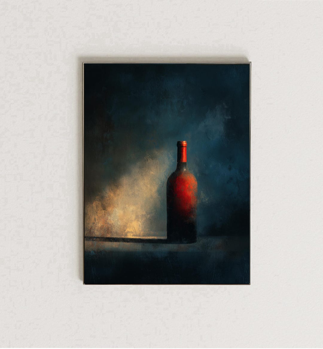 Red Wine Bottle Still Life Art Print, Moody Fine Art Painting, Dark ...