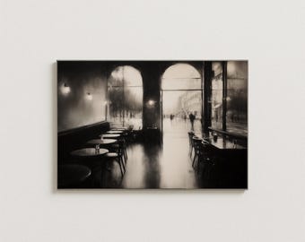 Black and White Café Wall Art, Minimalist Paris Street Painting, Moody Monochrome Interior Art, Modern Abstract Print