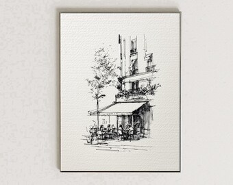 Paris Café Wall Art Print Black and White Ink Sketch Parisian Street Scene Drawing French Bistro Decor Minimalist Line Art Home Decor