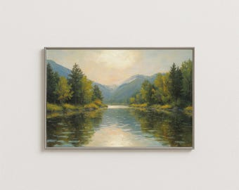 Mountain Lake Oil Painting Print: Tranquil Nature Scene (Digital Download)