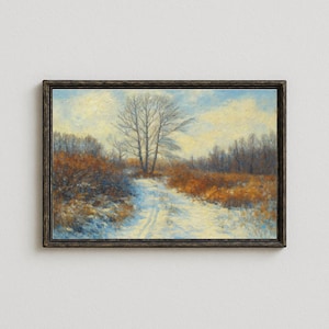 Peut inclure: Peinture de paysage encadrée représentant un chemin enneigé serpentant à travers un champ d'herbes brun doré et d'arbres dénudés. Le ciel est un mélange de bleu et de jaune, et le cadre est brun foncé.
