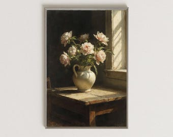 Peony Still Life Art Print, Rustic Flower Vase Painting, Cottagecore Botanical Wall Decor
