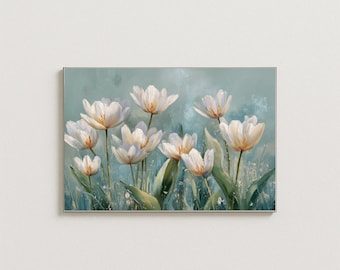 White Tulip Wall Art Printable Impressionist Floral Painting Soft Blue Botanical Art Print Living Room Bedroom Wall Art