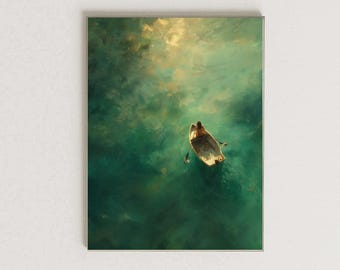 Dreamy Boat Art Print, Woman in Rowboat on Turquoise Water, Serene Ocean Wall Art, Minimalist Painting, Coastal Decor