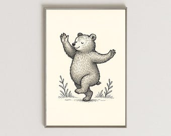 Dancing Bear Illustration, Black and White Forest Animal Print, Whimsical Kids Room Poster