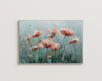 Blush Poppy Wall Art Print Impressionist Floral Oil Painting Pastel Botanical Canvas Art Vintage Cottagecore Bedroom Decor