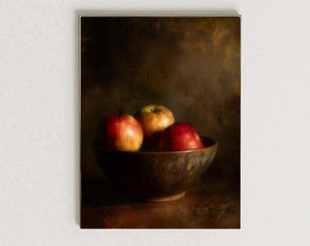Dark Moody Still Life Apple Painting Print | Rustic Classical Wall Art | Vintage Style Kitchen & Dining Room Decor