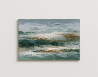 Abstract Coastal Wall Art Print Teal Green Ocean Painting Neutral Beachy Canvas Art Modern Minimalist Seascape Decor Printable Wall Art