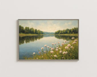 Cottagecore River Landscape Art Print: Pink Wildflowers (Digital Download)