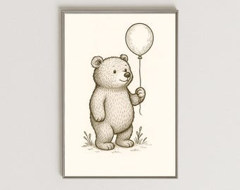 Bear with Balloon Nursery Print: Scandinavian Kids Room Decor (Digital Download)