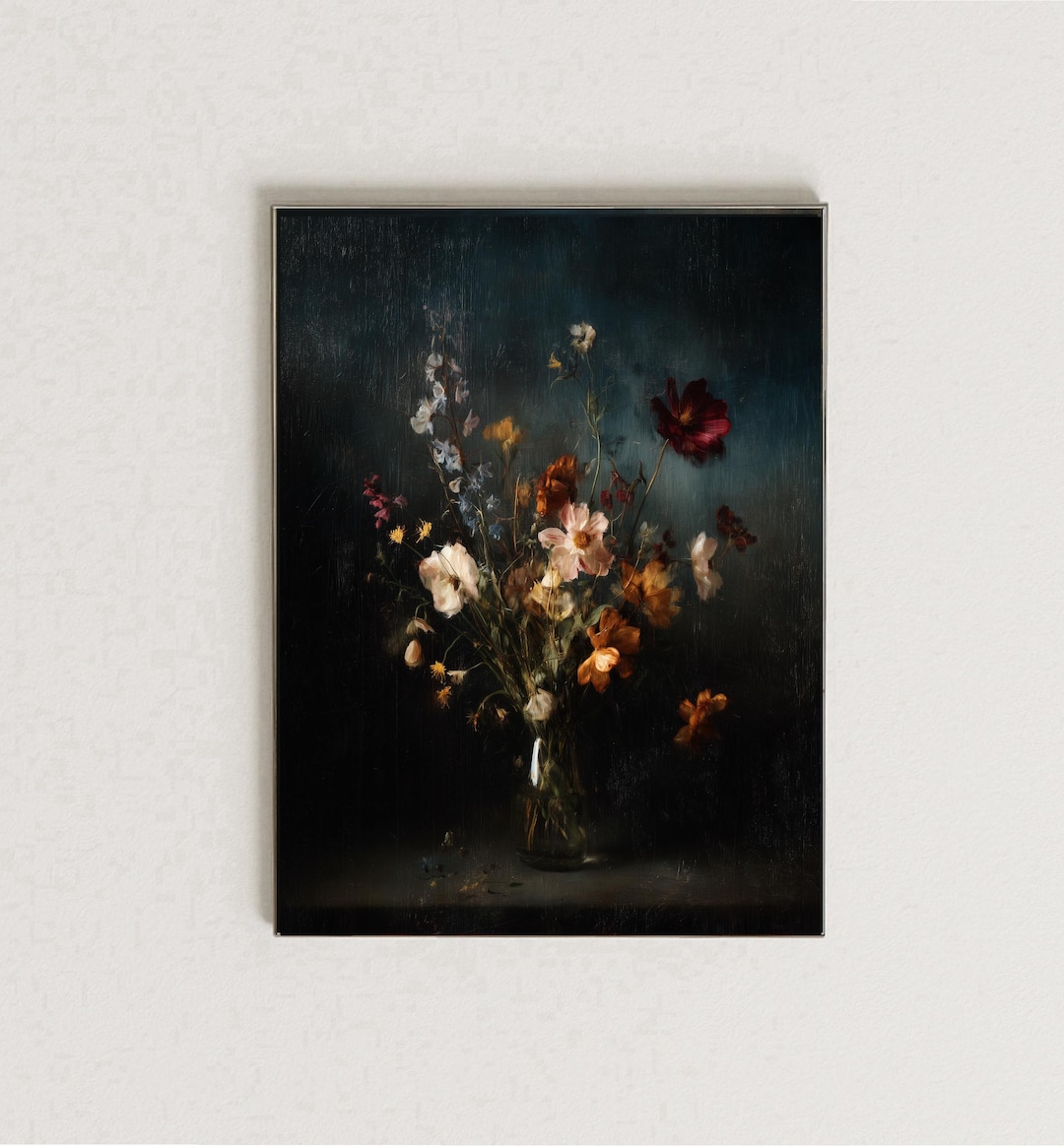 Dark Floral Still Life Wall Art Print Moody Botanical Painting Vintage ...