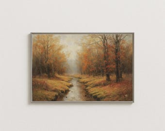 Autumn Forest Landscape Painting, Serene River in Fall Woods Wall Art, Nature Print for Cozy Home Décor