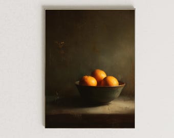 Dark Moody Still Life Art Print – Bowl of Oranges Painting, Dutch Golden Age Style Wall Art, Vintage Kitchen Decor