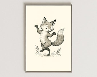 Dancing Fox Illustration Art Print: Scandinavian Nursery Decor (Digital Download)