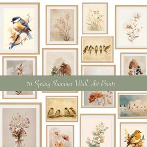70 láminas de pared de primavera-verano con acuarelas florales y de pájaros, arte botánico neutro, conjunto de galería estilo cabaña.