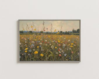 Wildflower Meadow Oil Painting, Nature Landscape Wall Art, Countryside Floral Field Artwork