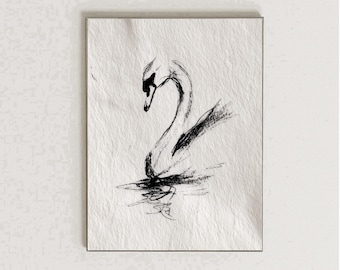 Black and White Swan Wall Art Print Minimalist Bird Sketch Scandinavian Modern Monochrome Nature Artwork Ink Drawing