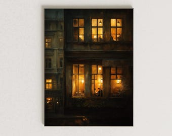 Moody City Window Painting, Romantic Evening Café Printable Art, Urban Night Decor, Atmospheric Fine Art Print