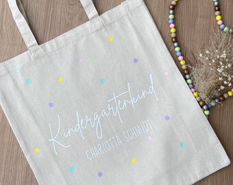 personalisierte Kindertasche mit Punkten, bunter Stoffbeutel mit Wunschname, Kindergartenkind, Schultertasche, Kindergarten, Jutebeutel