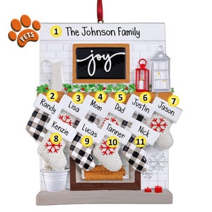Personalized Fireplace Ornament - 10 - Christmas Joy Family - Country Home - Optional Pets - Stockings by the Fire - Free Personalization