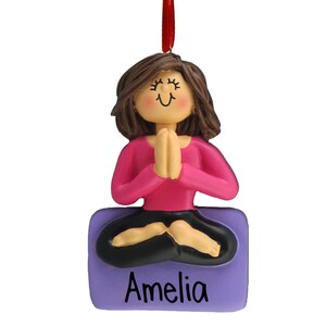 Yoga Girl on Purple Mat - Brown Hair - Christmas Ornaments - Fitness - Exercise - Meditate - Free Personalization