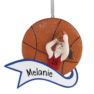 Basketball Girl with Large Banner - Brown Hair - Christmas Ornament - Team Gift Ideas - Star Player - Hardwood - Bball - Tournament