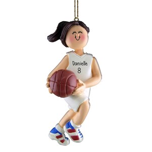 Personalized Basketball Female with White Uniform  - Brown Hair - Christmas Ornament - Team Gift Ideas - Star Player - Dribbler