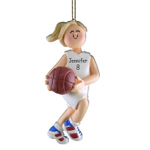 Personalized Basketball Female with White Uniform  - Blonde Hair - Christmas Ornament - Team Gift Ideas - Star Player - Dribbler