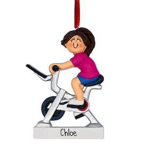 Personalized Stationary Bike - Female Brown Christmas Ornament - Exercise - Favorite Gym - Training for a Triathlon - Spin Class
