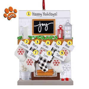 Personalized Fireplace Ornament - 8 - Christmas Joy Family - Country Home - Optional Pets - Stockings by the Fire - Free Personalization