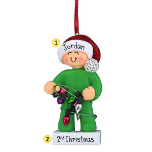 Young Child Wrapped in Lights - Personalized Christmas Ornament - Decorating the Tree - Pajamas - Santa Hat - Perfect Handwriting