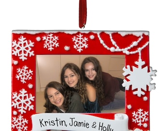 Red Picture Frame with Snowflakes - Personalized Christmas Ornament - Family Portrait - Ornaments with Pictures - Free Personalization