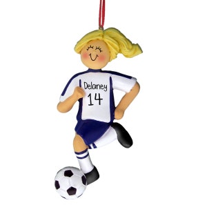 Blue Jersey Female Soccer Dribbler - Blonde Hair - Soccer Player - Personalized Ornaments - Pitch - Forward - Striker - Defender - Midfield