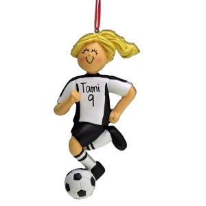 Black Jersey Female Soccer Dribbler - Blonde Hair - Soccer Player - Personalized Ornaments - Pitch - Forward - Striker - Defender - Midfield
