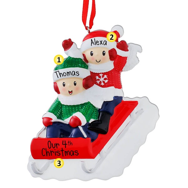 Personalized Couple Riding Red Sled - 2 Christmas Ornament - Sledding Down a Hill - Fun in the Snow - Winter Joy - Toboggan - Two