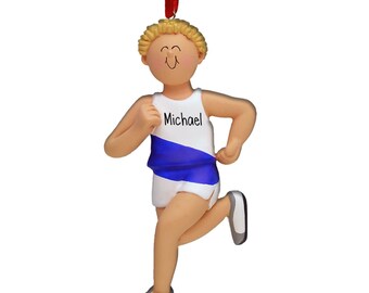 Male Runner with Stripe - Blonde Hair - Personalized Ornaments - Fitness - 1st Marathon - 10K - 5K - Track - Cross-Country - XC