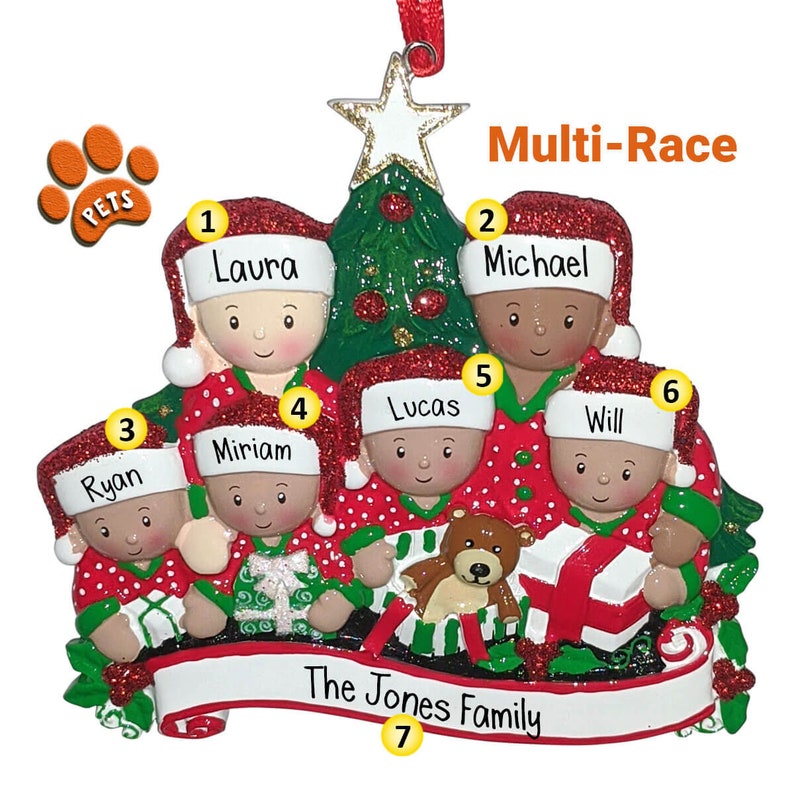 Opening Gifts Mixed Race Family 6 Personalized Family Ornaments Family of Six Biracial Christmas