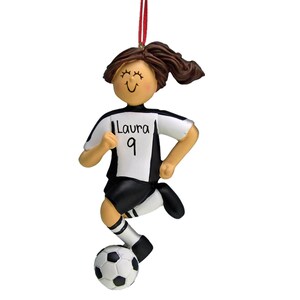 Black Jersey Female Soccer Dribbler - Brown Hair - Soccer Player - Personalized Ornaments - Pitch - Forward - Striker - Defender - Midfield