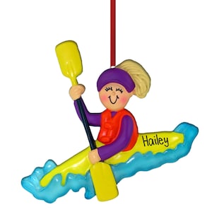 Yellow Kayak - Female Blonde - Personalized Christmas Ornament - Sports