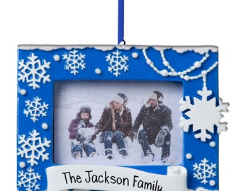 Blue Picture Frame with Snowflakes - Personalized Christmas Ornament - Family Portrait - Ornaments with Pictures - Free Personalization