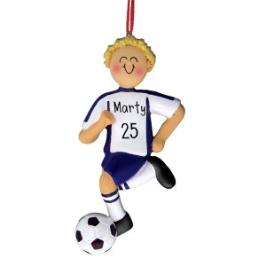 Blue Jersey Male Soccer Dribbler - Blonde Hair - Soccer Player - Personalized Ornaments - Pitch - Forward - Striker - Defender - Midfield
