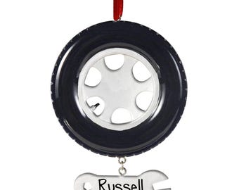 Personalized Mechanic Tire with Hanging Wrench Christmas Ornament - Auto Repair - Handyman - Car - Truck