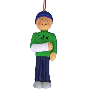 Male with Broken Arm - Green Shirt - Christmas Ornaments -  cast - broken arm - break - accident - surgery - hospital
