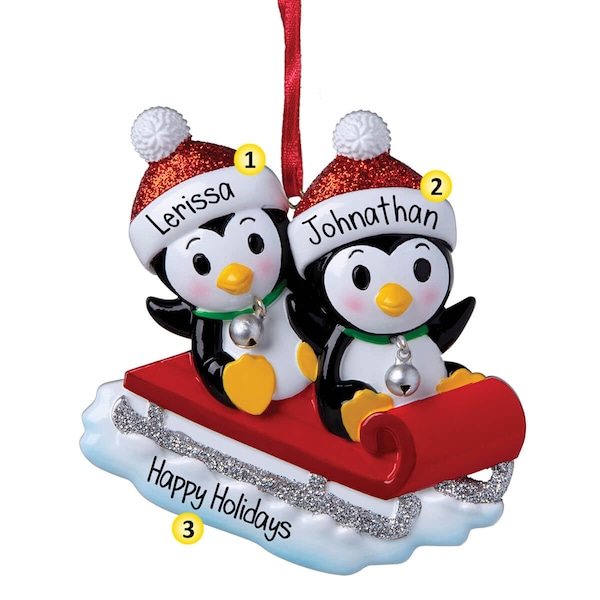 Penguin Sledding Couple - Personalized Christmas Ornament - Cold Winter - North Pole - Toboggan - 1st Christmas - Perfect Handwriting