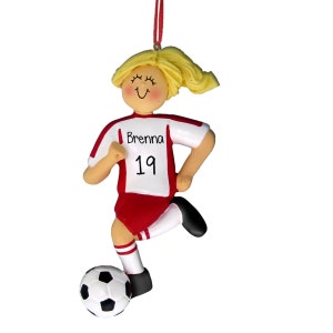 Red Jersey Female Soccer Dribbler - Blonde Hair - Soccer Player - Personalized Ornaments - Pitch - Forward - Striker - Defender - Midfield