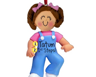 Baby Girl&#39;s First Steps - Brown Hair - Personalized Christmas Ornaments - 1st Christmas start walking