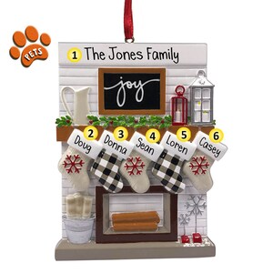 Personalized Fireplace Ornament - 5 - Christmas Joy Family - Country Home - Optional Pets - Stockings by the Fire - Free Personalization