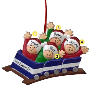 Blaue Achterbahn Familie - 4 - Personalisierte Weihnachtsschmuck - Familien Ornamente - Familie mit 4 Vergnügungspark - Freizeitpark - Rummelplatz