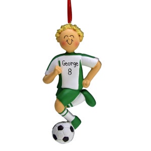 Green Jersey Male Soccer Dribbler - Blonde Hair - Soccer Player - Personalized Ornaments - Pitch - Forward - Striker - Defender - Midfield